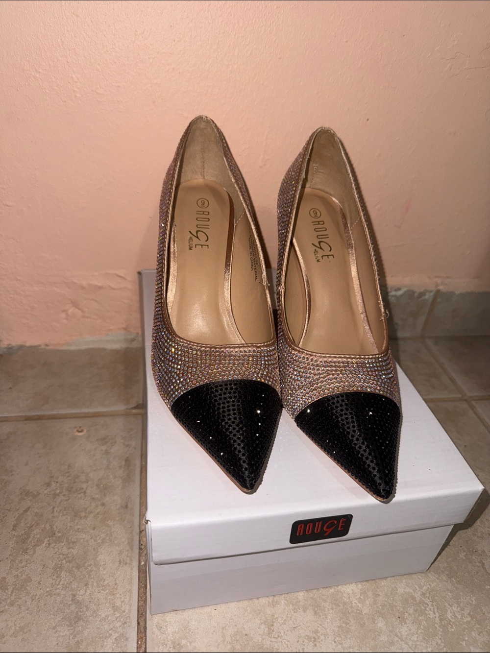 Rouge Helium Rose Gold Rhinestone Pumps with Black Pointed Toe